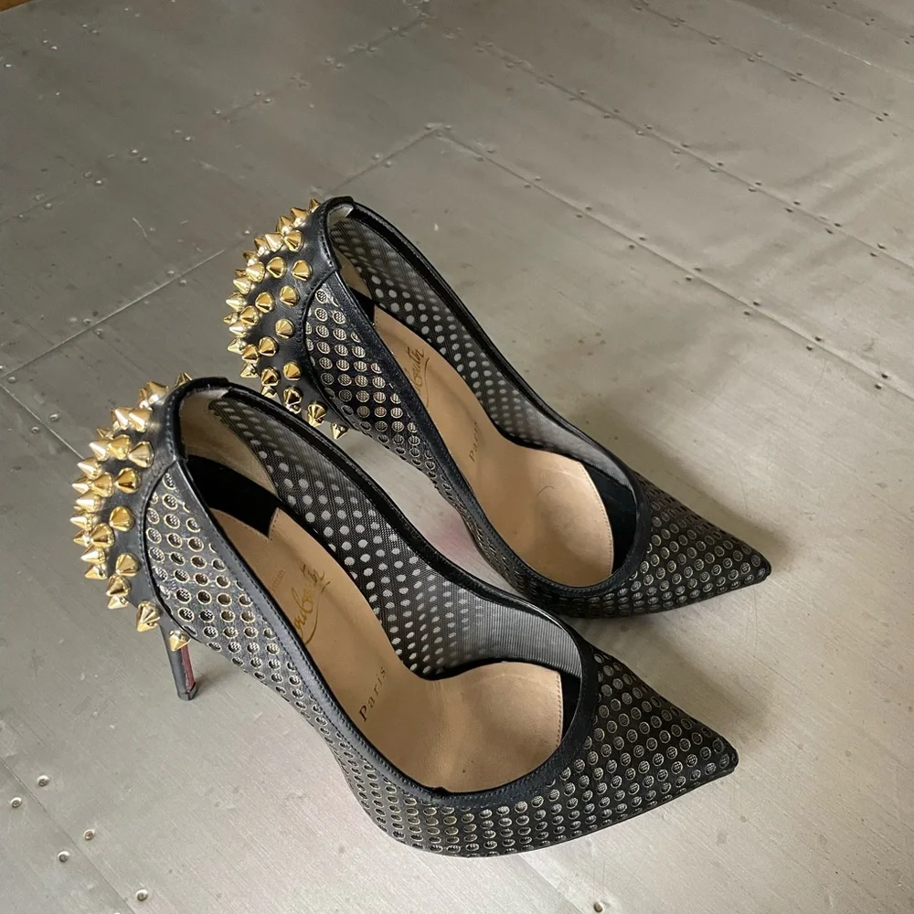 christian louboutin guni black leather gold spike stiletto sz 38.5 preowned